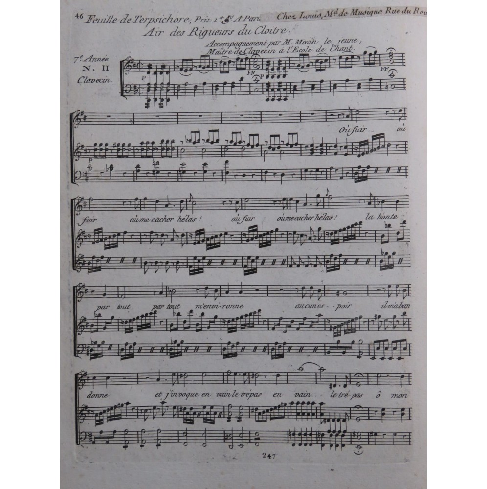 MOZIN Benoît François Air des Rigueurs du Cloitre Chant Clavecin ca1790