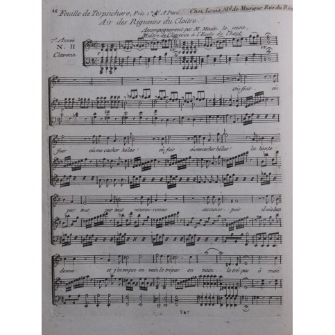 MOZIN Benoît François Air des Rigueurs du Cloitre Chant Clavecin ca1790