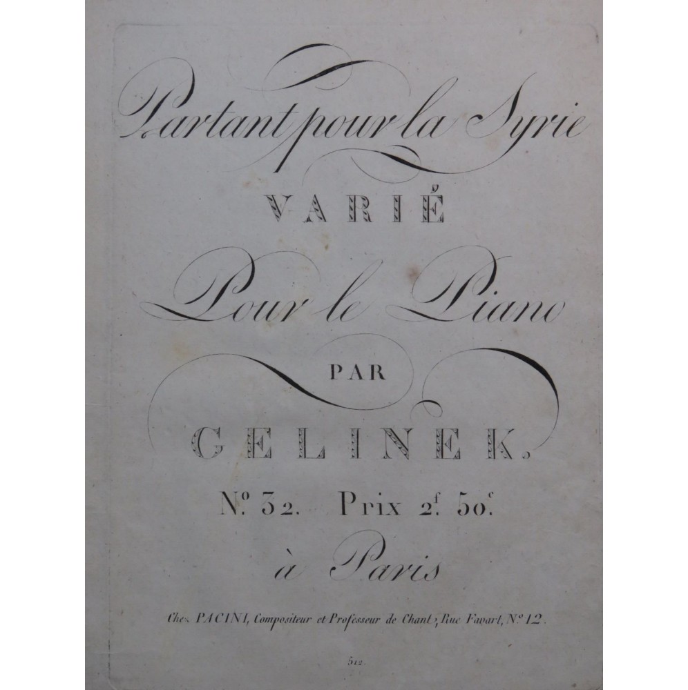 GELINEK Joseph Partant pour la Syrie Varié Piano ca1820