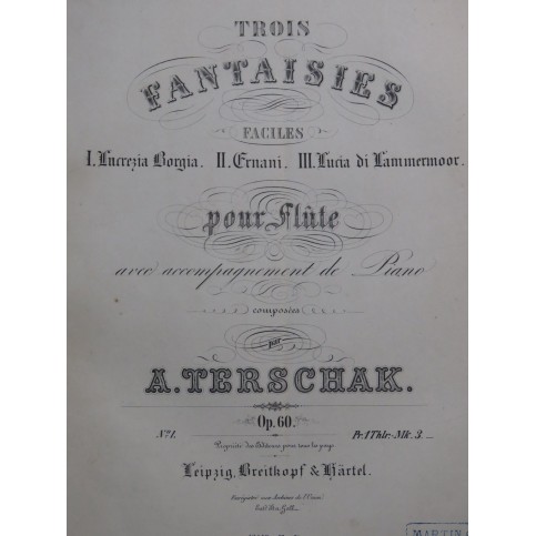 TERSCHAK Adolf Fantaisie sur Lucrezia Borgia Piano Flûte ca1870