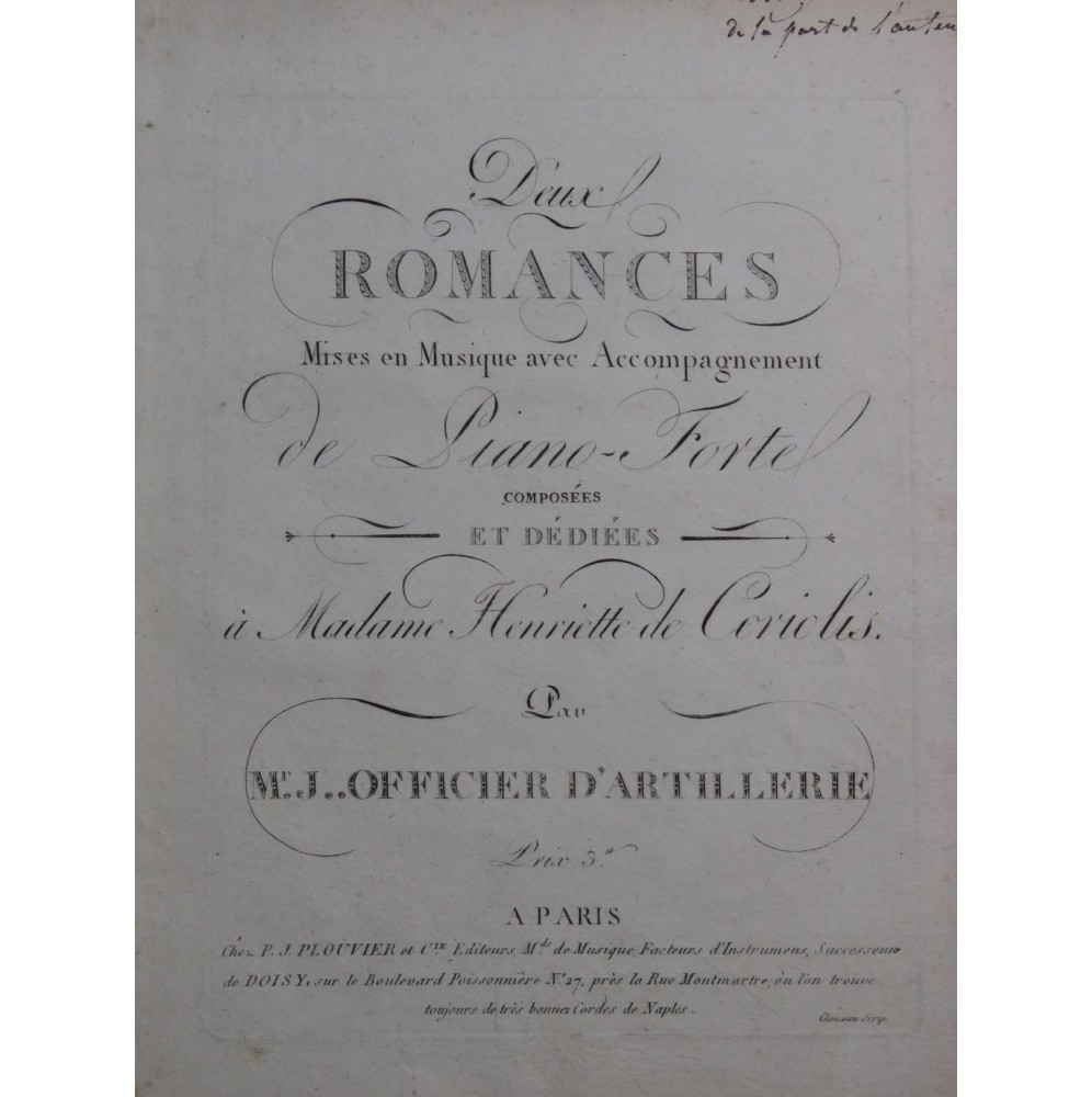 Mr J. Deux Romances Dédicace Chant Piano ou Harpe ca1820