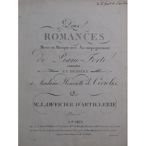 Mr J. Deux Romances Dédicace Chant Piano ou Harpe ca1820