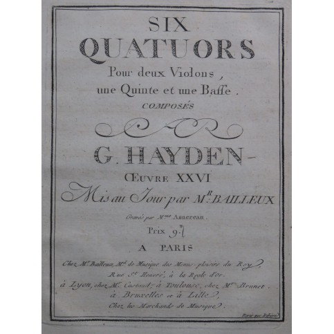 HAYDN Joseph Six Quatuors op 3 Violons Alto Violoncelle 1777
