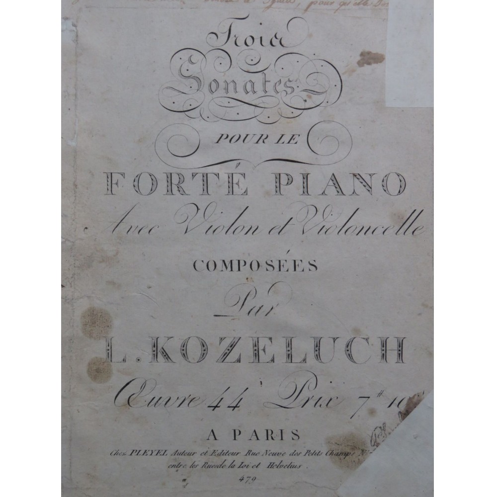 KOZELUCH Leopold Trois Sonates op 44 Piano ca1805