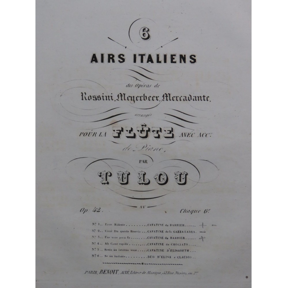 TULOU Jean-Louis Cavatine du Barbier de Séville Rossini op 42 Piano Flûte ca1860