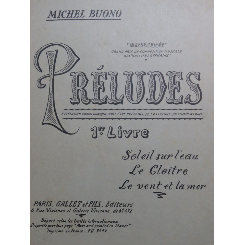 BUONO Michel Préludes 1er Livre 3 Pièces Piano 1948