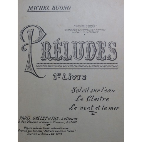 BUONO Michel Préludes 1er Livre 3 Pièces Piano 1948