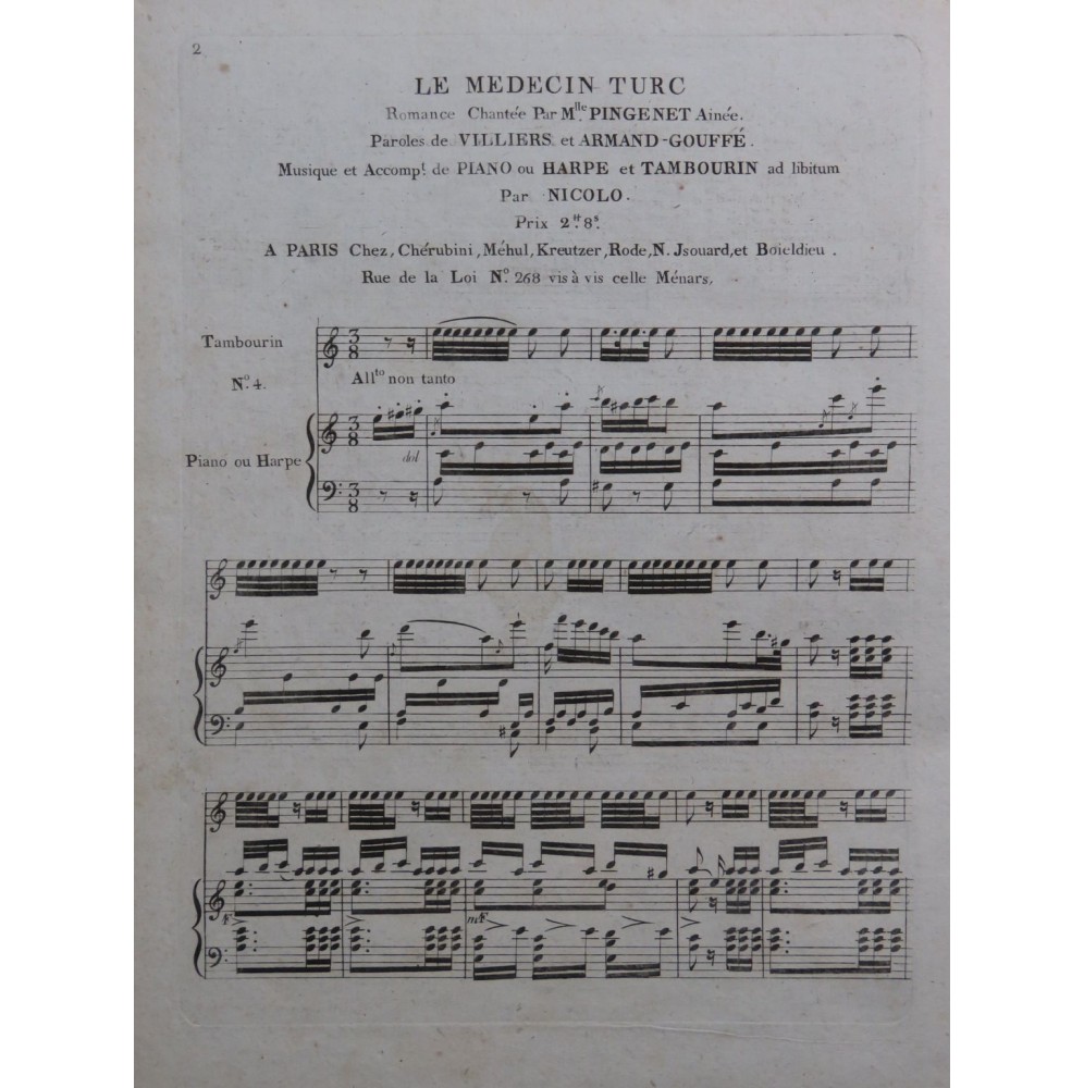 ISOUARD Nicolo Le Médecin Turc No 4 Chant Piano ou Harpe Tambourin ca1810