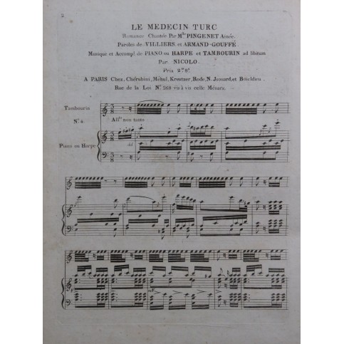 ISOUARD Nicolo Le Médecin Turc No 4 Chant Piano ou Harpe Tambourin ca1810