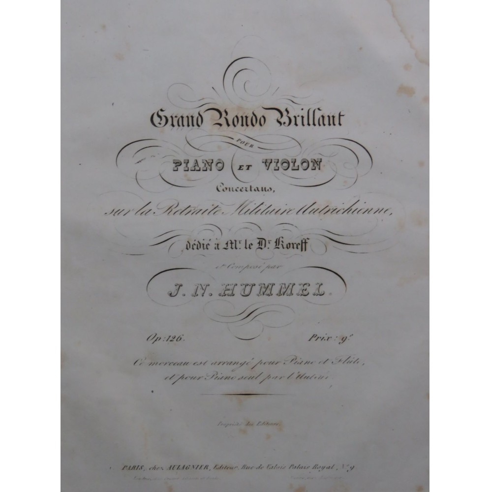 HUMMEL J. N. Grand Duo Brillant op 126 Piano ca1835
