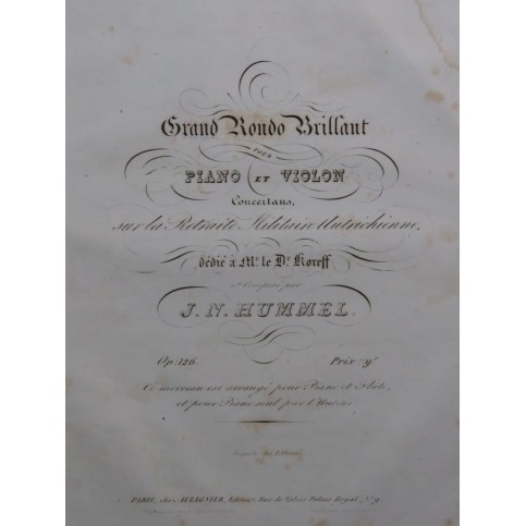 HUMMEL J. N. Grand Duo Brillant op 126 Piano ca1835