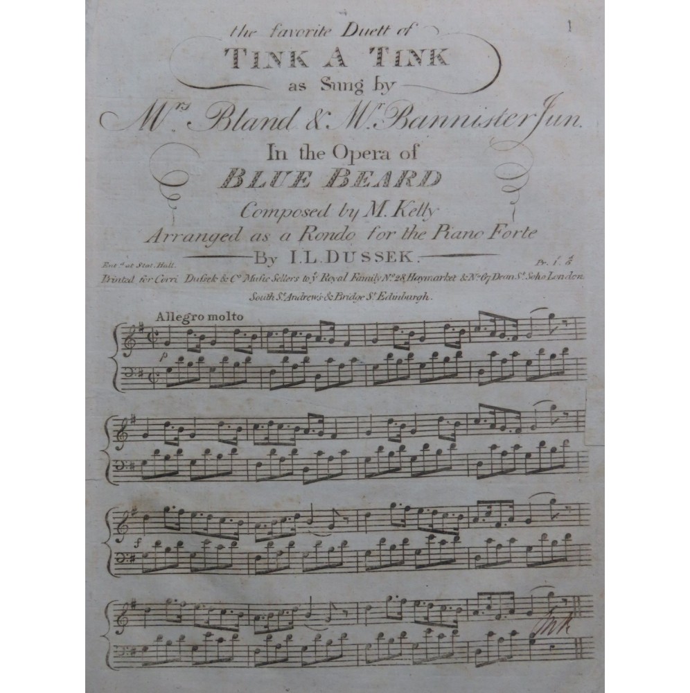 DUSSEK J. L. Tink a Tink Blue Beard Kelly Piano ca1800