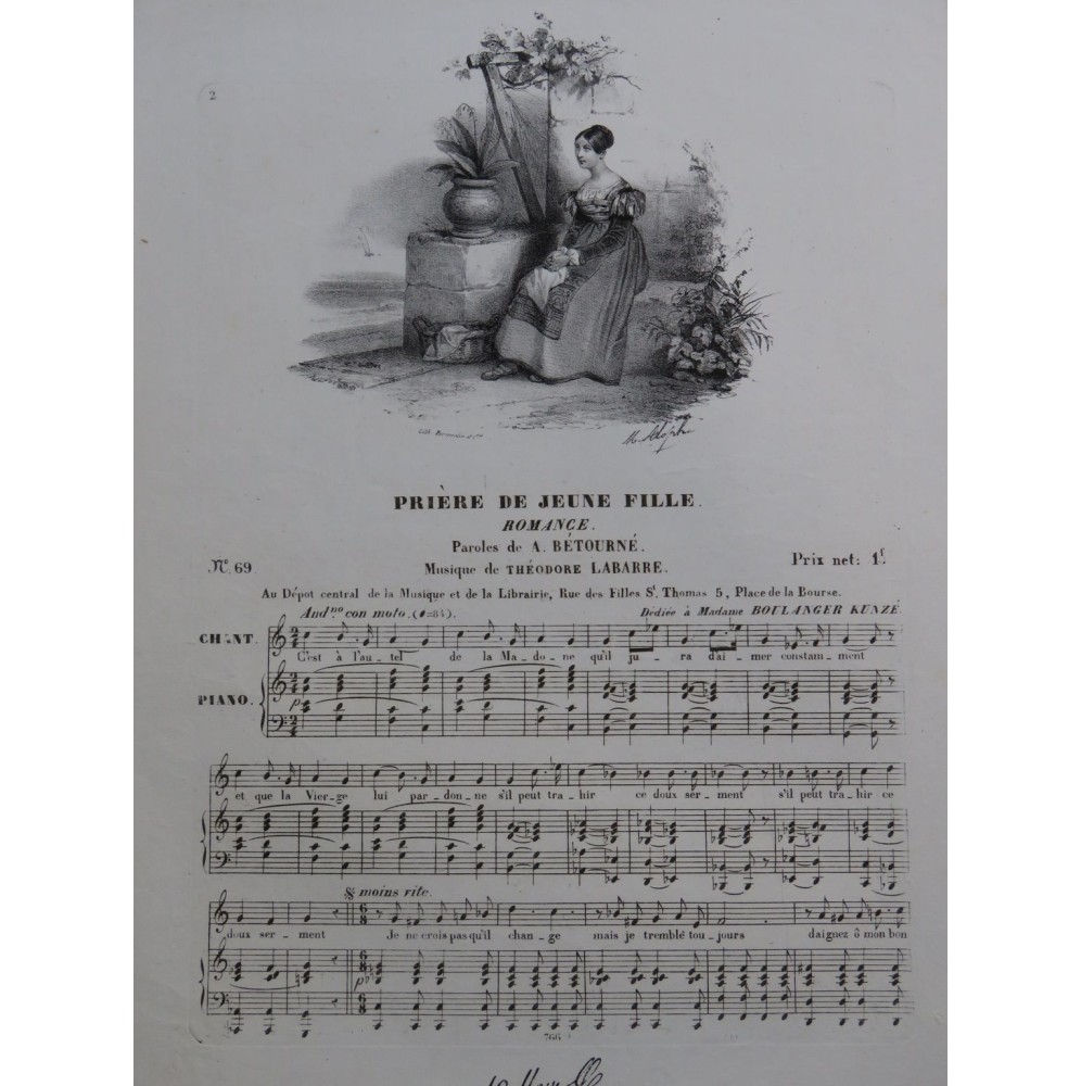 LABARRE Théodore Prière de Jeune Fille Chant Piano ca1830