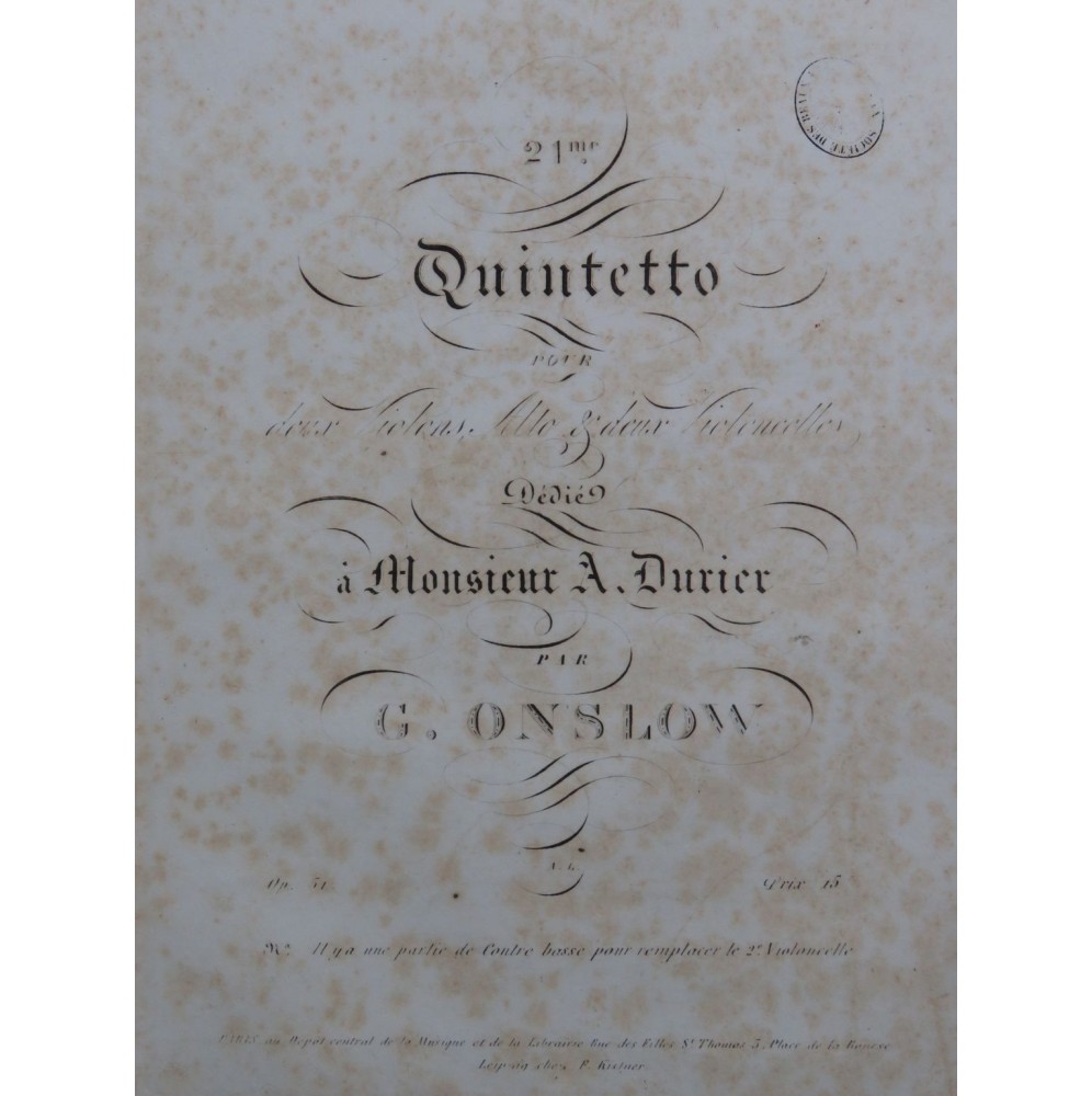 ONSLOW George Quintette No 21 op 51 Violon Alto Violoncelle ca1840