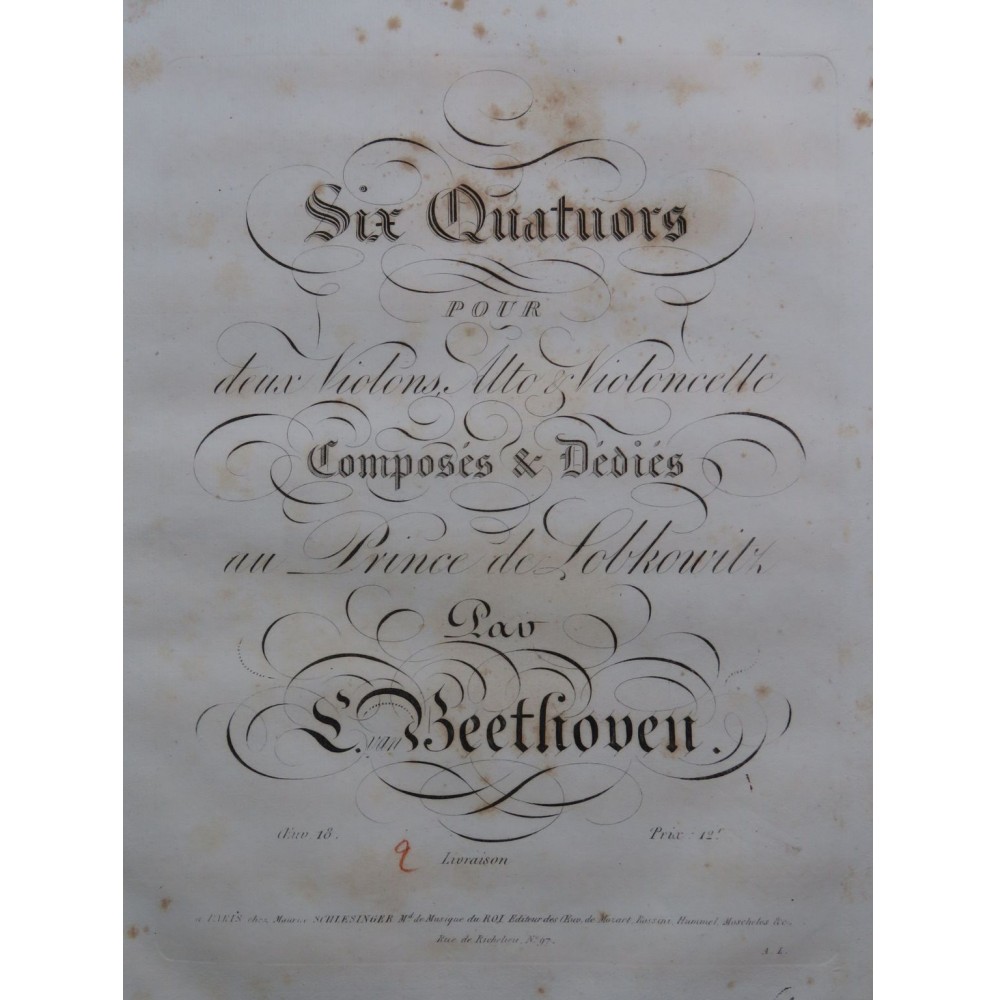 BEETHOVEN Quatuors op 18 2ème Livraison Violon Alto Violoncelle ca1825
