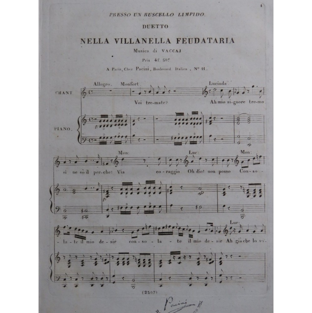 VACCAJ Nicola La Villanella Feudataria Duetto Chant Piano ca1826