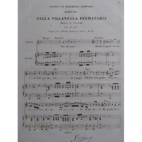 VACCAJ Nicola La Villanella Feudataria Duetto Chant Piano ca1826