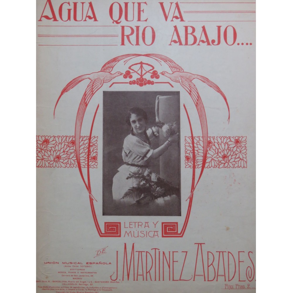 MARTINEZ ABADES J. Aqua Que Va Rio Abajo Chant Piano ca1920