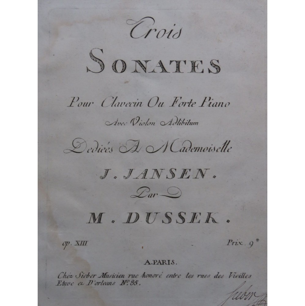 DUSSEK J. L. Trois Sonates op 8 Clavecin ou Piano Forte ca1795