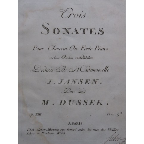 DUSSEK J. L. Trois Sonates op 8 Clavecin ou Piano Forte ca1795
