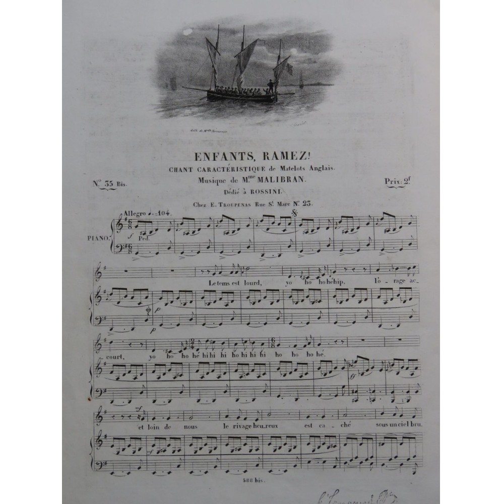 MALIBRAN Marie Enfants, Ramez ! Chant Piano ca1830