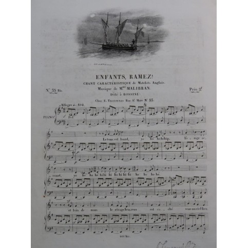 MALIBRAN Marie Enfants, Ramez ! Chant Piano ca1830