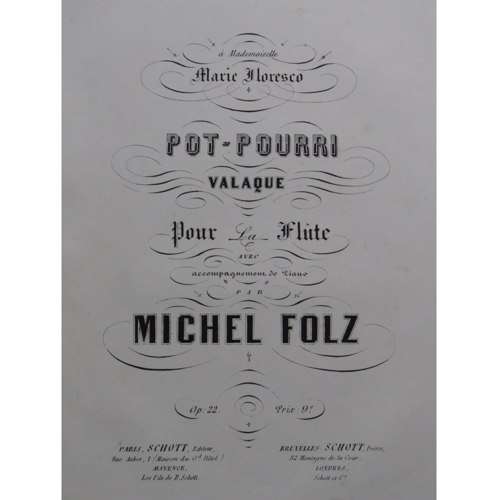 FOLZ Michel Pot-Pourri Valaque op 22 Piano Flûte ca1868