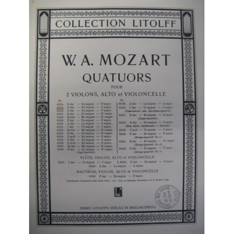 MOZART W. A. Petit Quatuor No 2 Violon Alto Violoncelle