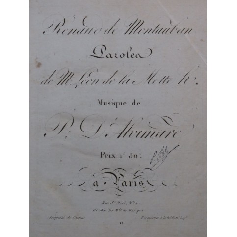 D'ALVIMARE Martin Pierre Renaud de Montauban Chant Piano ou Harpe ca1820