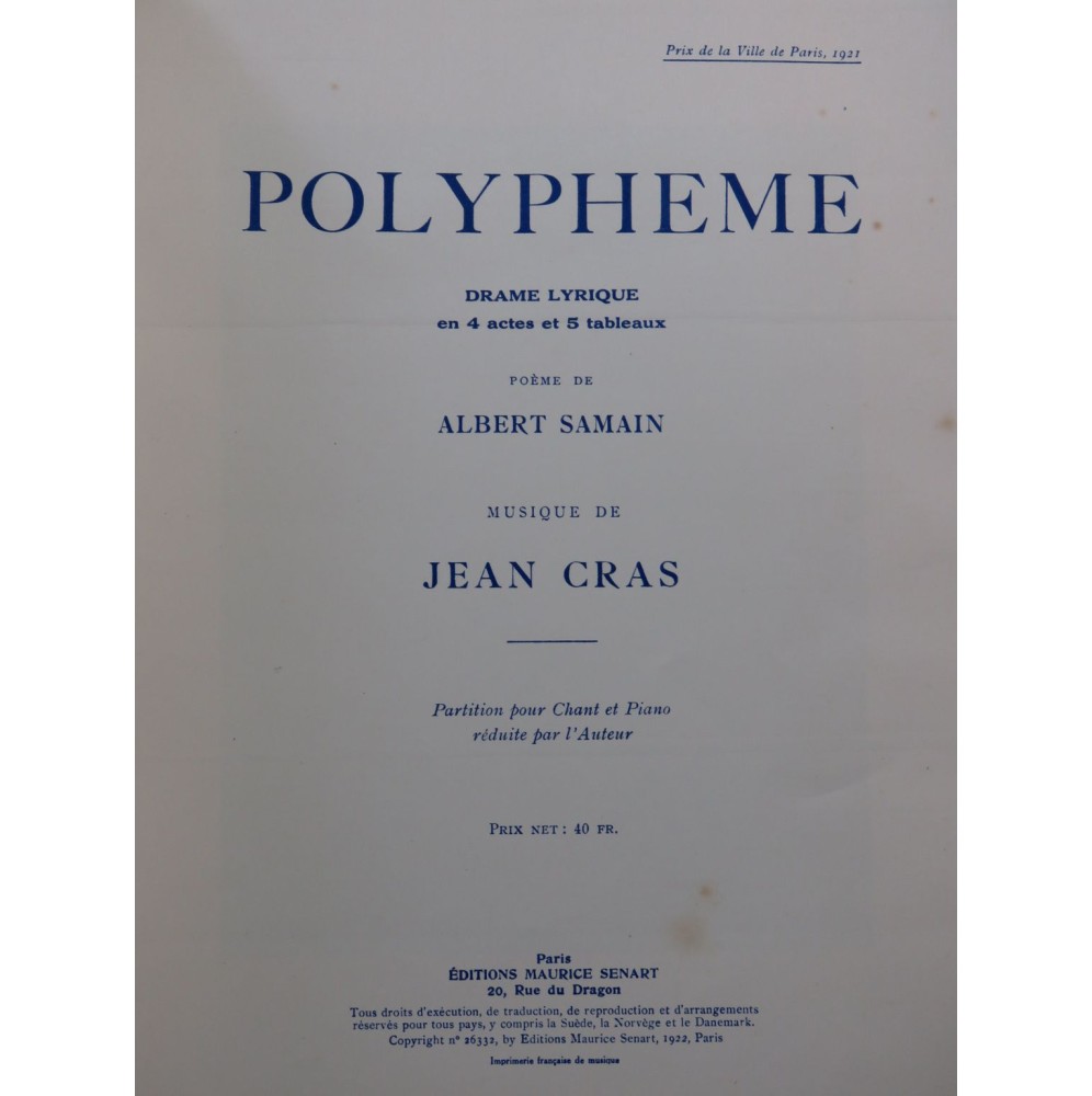 CRAS Jean Polyphème Opéra Piano Chant 1922