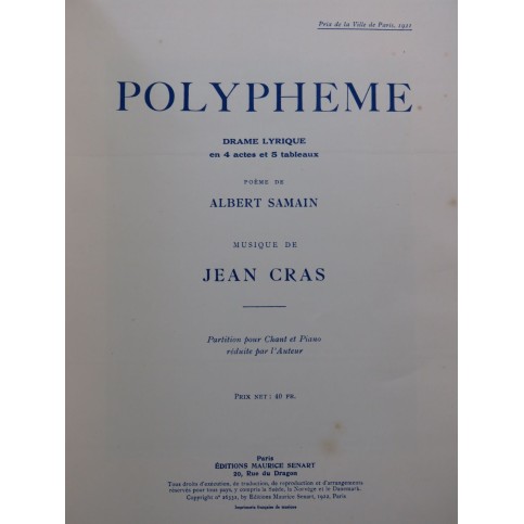 CRAS Jean Polyphème Opéra Piano Chant 1922