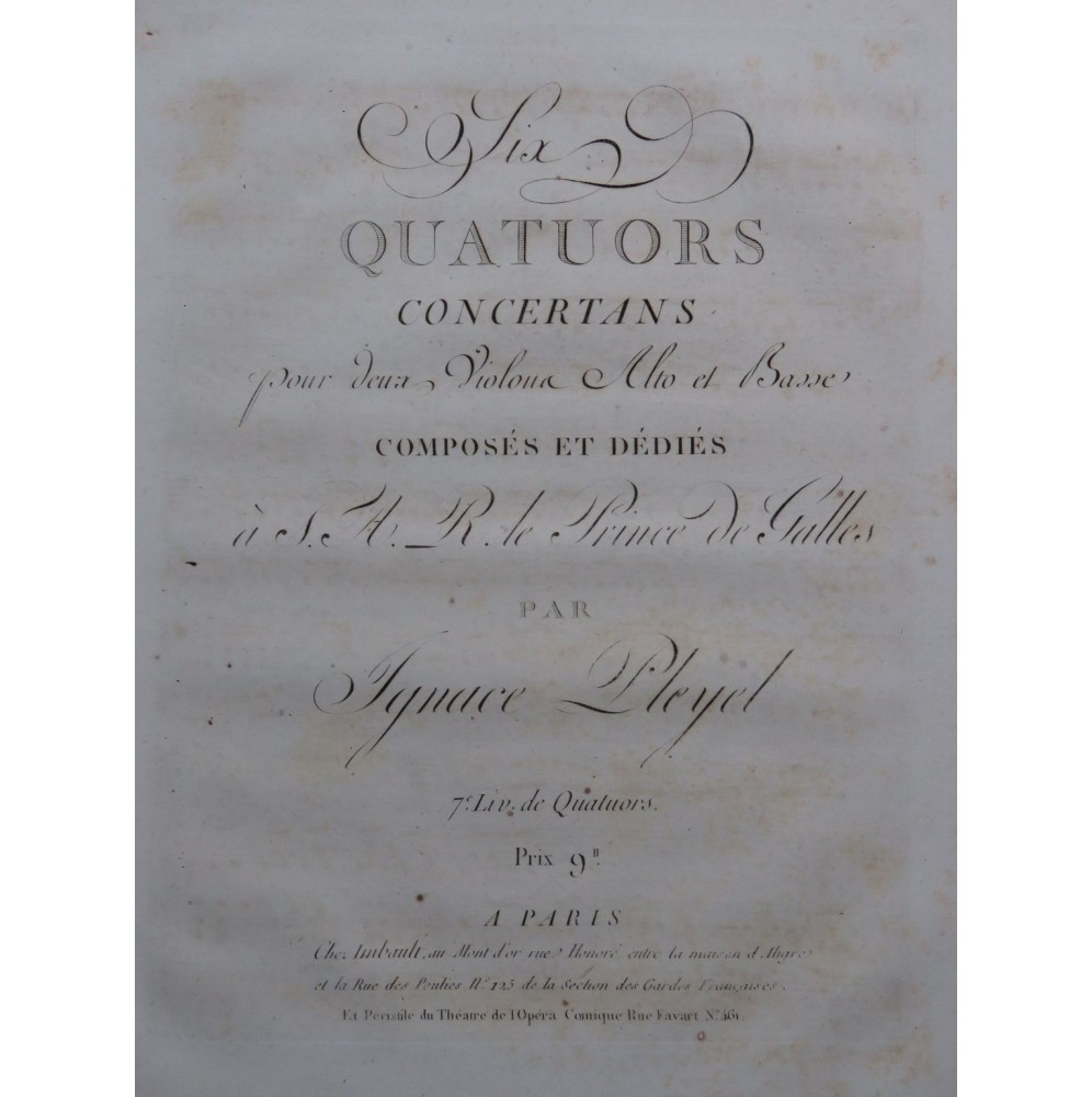 PLEYEL Ignace Six Quatuors 7e Livre 2e Partie 2e Violon Alto Violoncelle ca1810