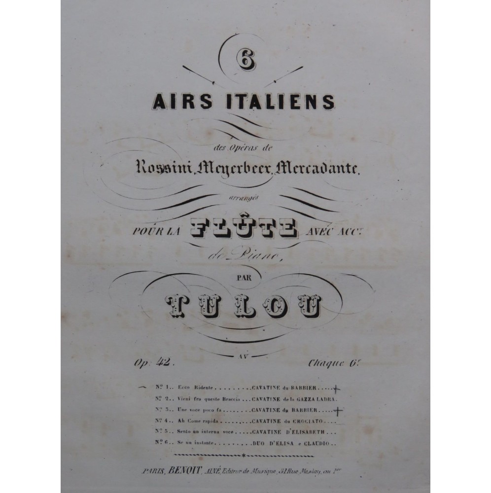 TULOU Jean-Louis Cavatine du Barbier de Séville Rossini op 42 Piano Flûte ca1860