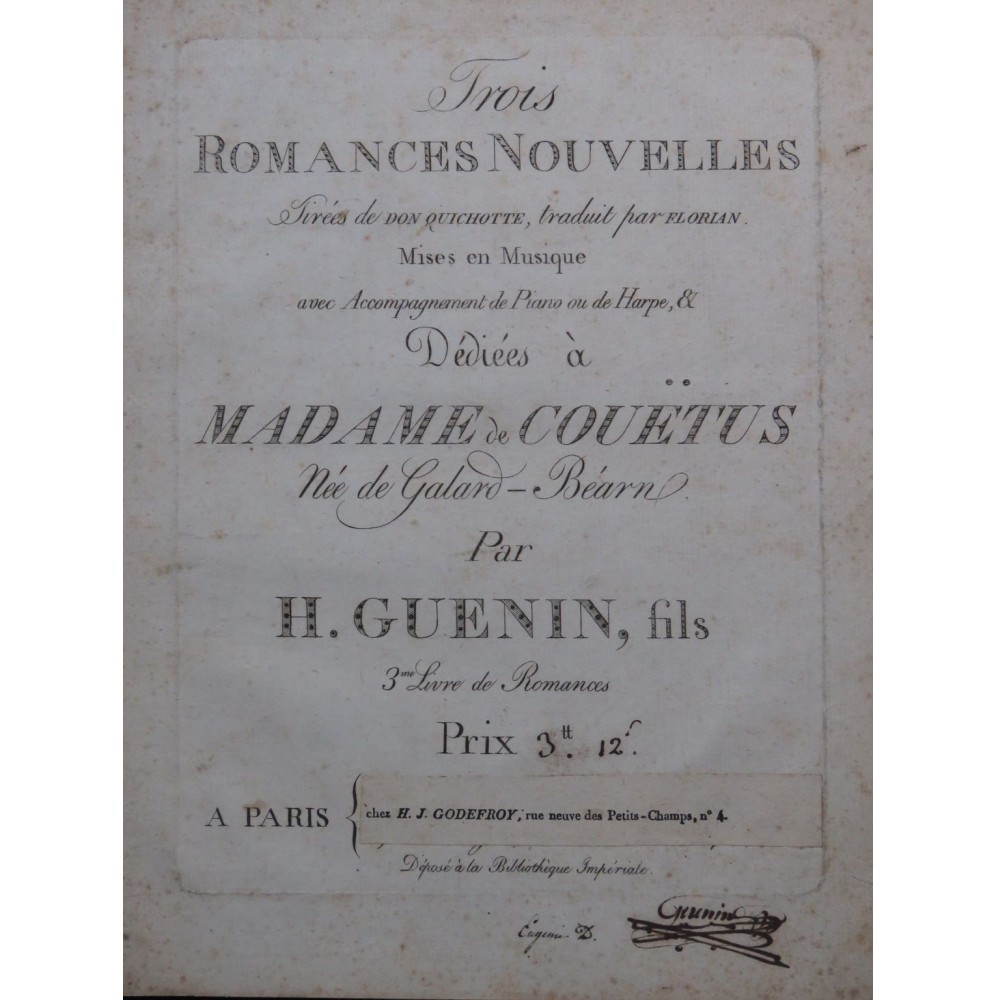GUENIN Hilaire-Nicolas Trois Romances Chant Piano ou Harpe ca1820