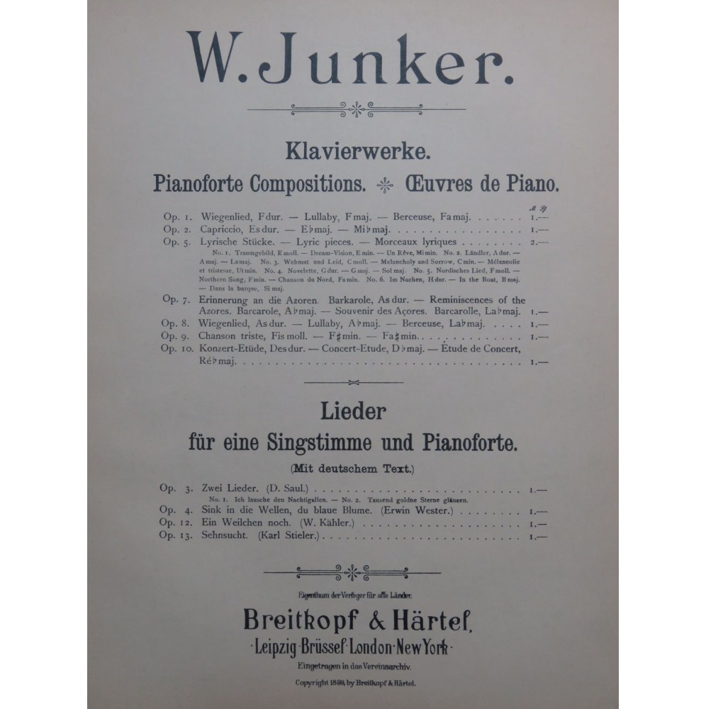 JUNKER W. Lyrische Stücke op 5 Piano 1899