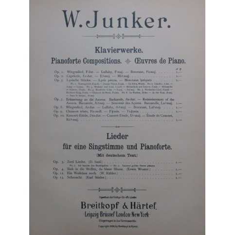 JUNKER W. Lyrische Stücke op 5 Piano 1899