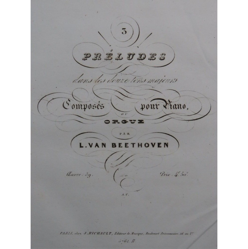 BEETHOVEN Trois Préludes op 39 Piano ou Orgue ca1845