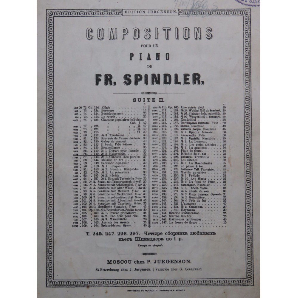 SPINDLER Fritz Husarenritt op 140 Piano ca1881