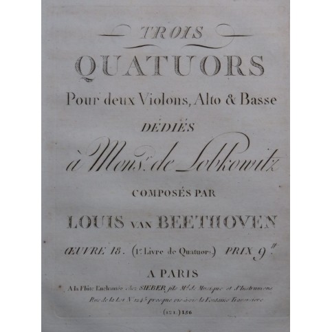 BEETHOVEN Trois Quatuors op 18 Livraison 1 Violon Alto Violoncelle ca1820