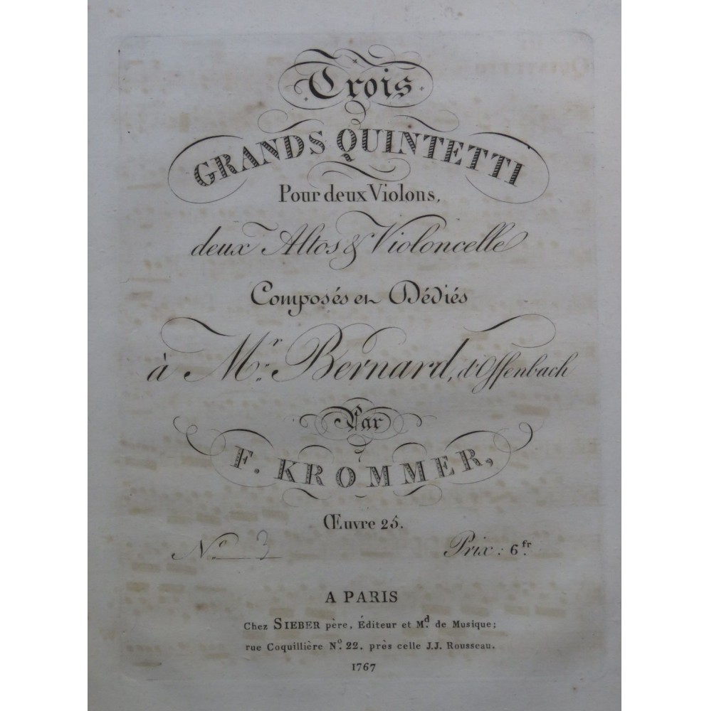 KROMMER Franz Quintette op 25 No 3 Violon Alto Violoncelle 1803