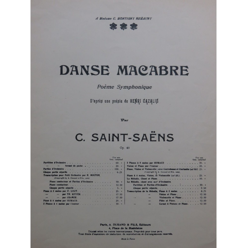 SAINT-SAËNS Camille Danse Macabre op 40 Piano 1935