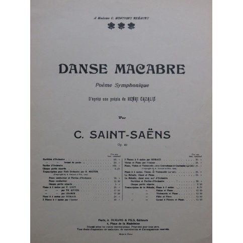 SAINT-SAËNS Camille Danse Macabre op 40 Piano 1935