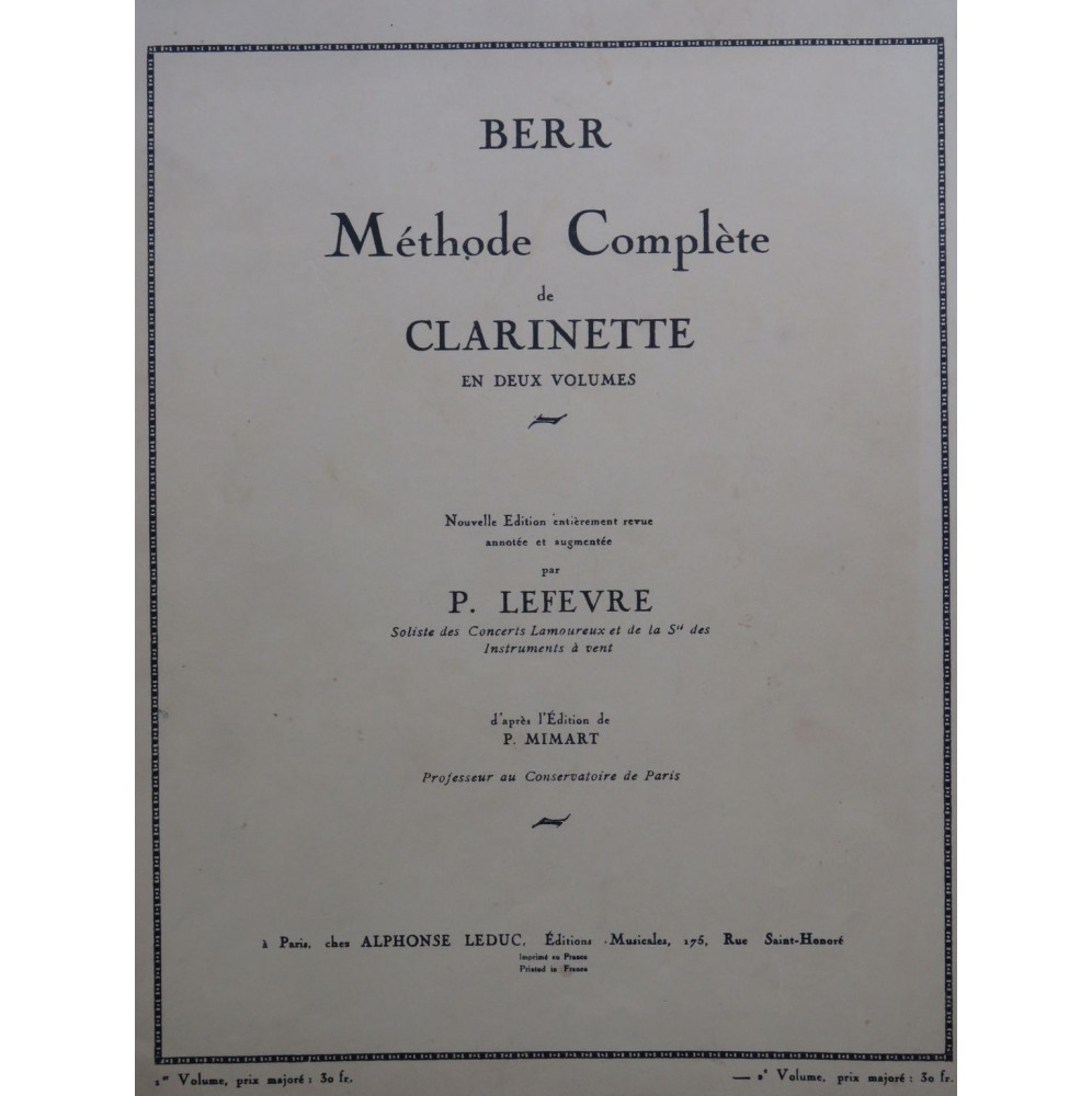 BERR Frédéric Méthode Complète 2e Partie Clarinette 1947