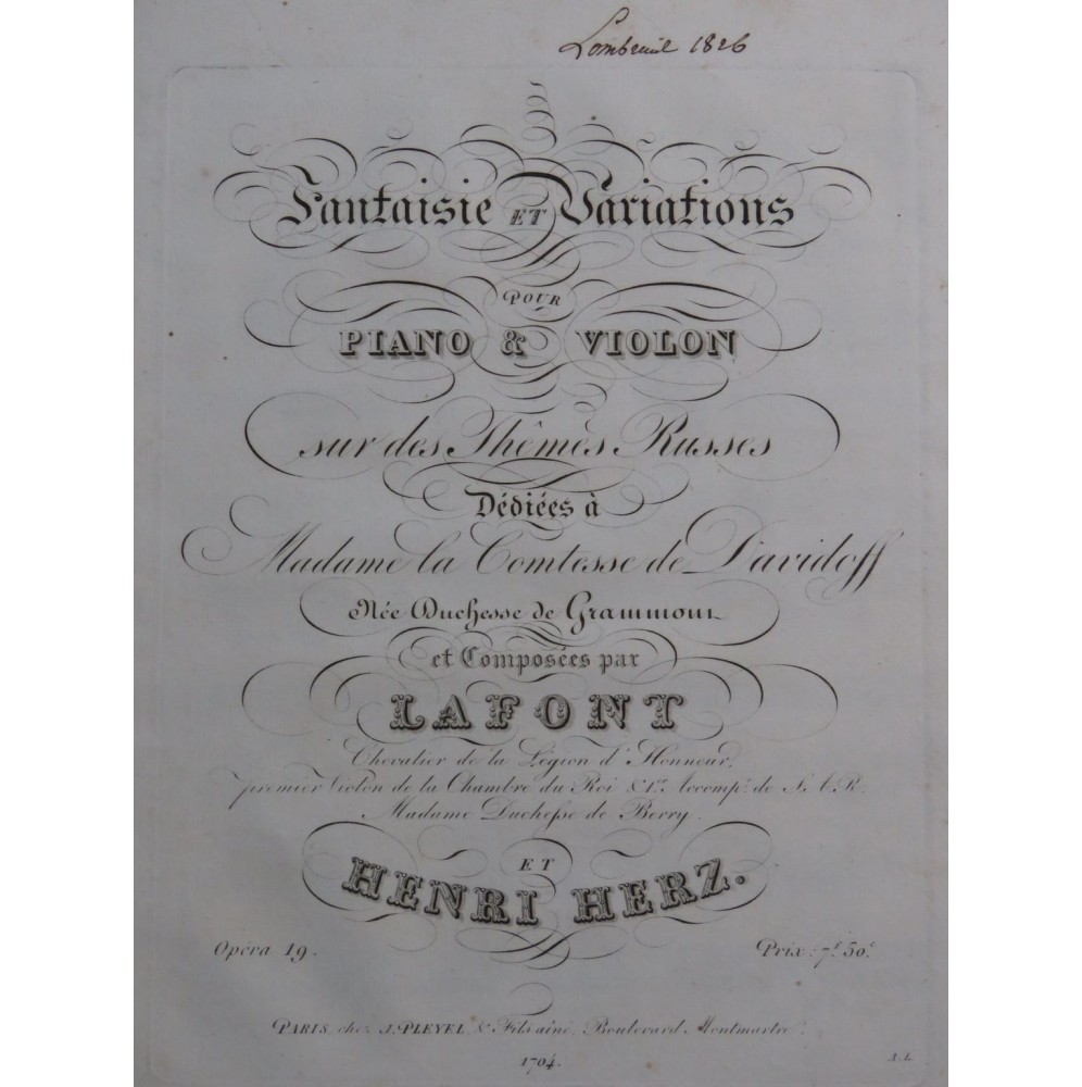HERZ Henri LAFONT Fantaisie et Variations op 19 Piano ca1825