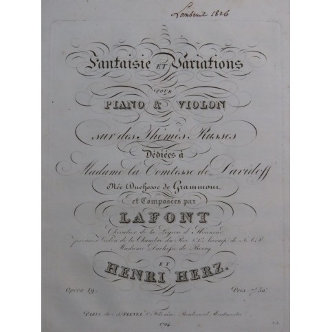 HERZ Henri LAFONT Fantaisie et Variations op 19 Piano ca1825