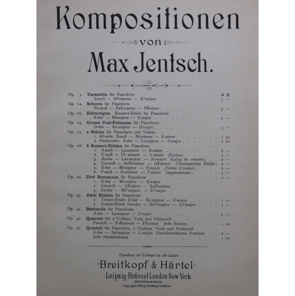 JENTSCH Max Drei Romanzen op 29 Piano 1899
