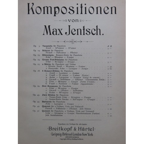 JENTSCH Max Drei Romanzen op 29 Piano 1899