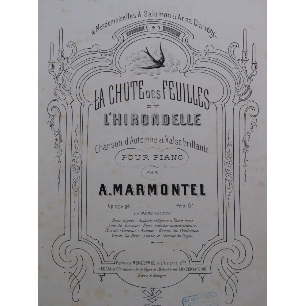 MARMONTEL Antonin L'Hirondelle op 98 Piano ca1878