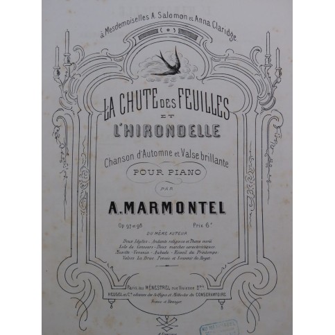 MARMONTEL Antonin L'Hirondelle op 98 Piano ca1878