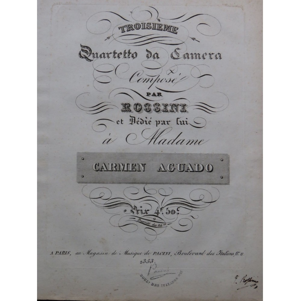 ROSSINI G. Quartetto da Camera No 3 Signature Chant Piano ca1825